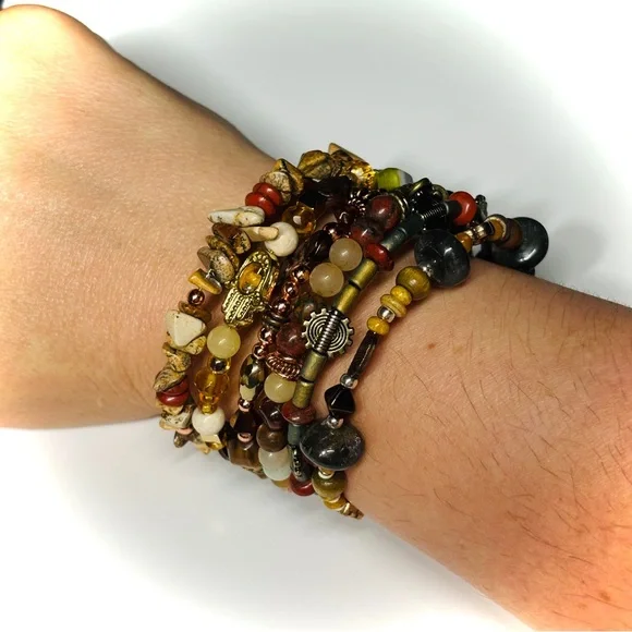 🆕 OOAK Bohemian Bead Mix Memory Wire Wrap Bracelet — Semi Precious Gemstone